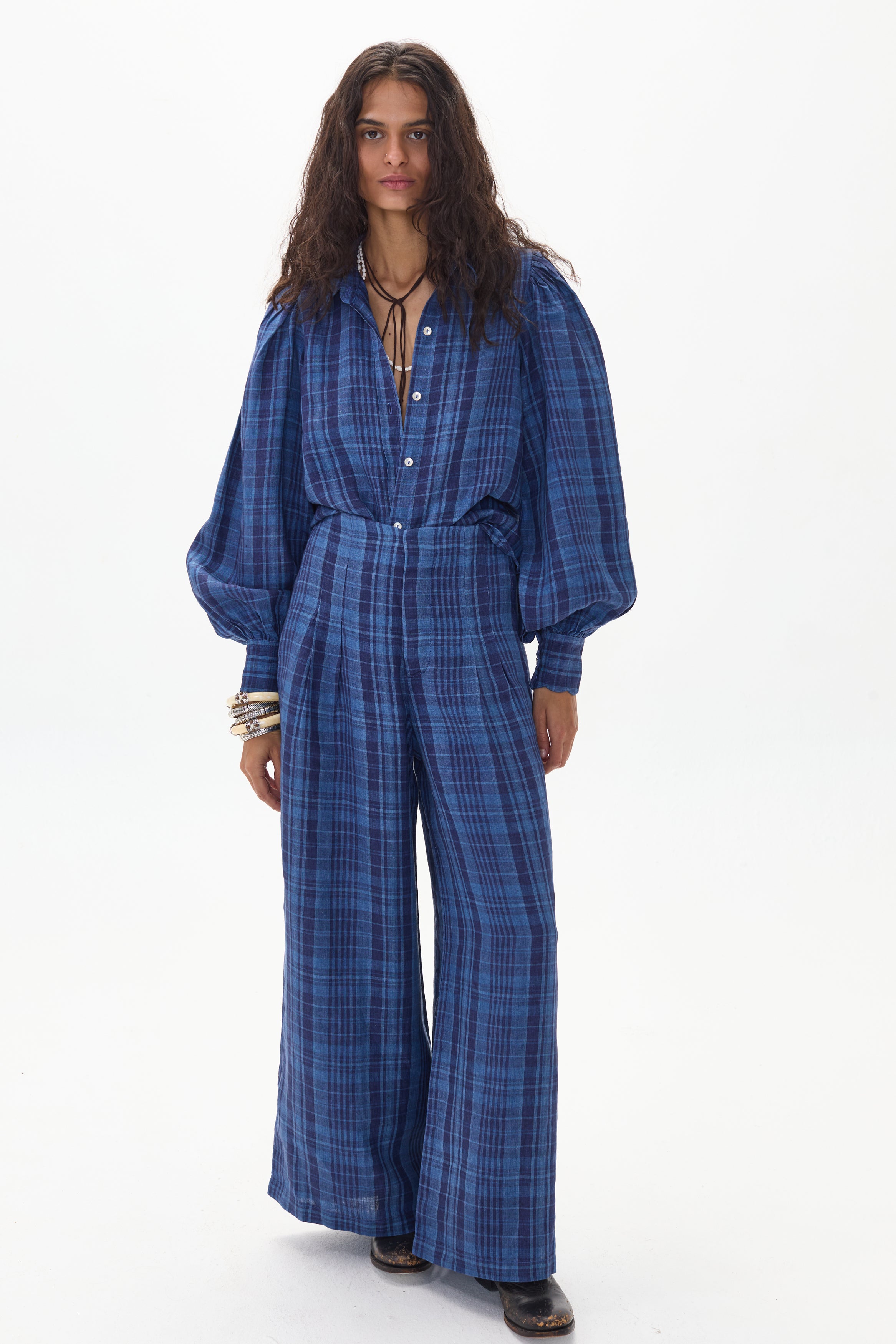 Camisa Camille en Lino - Ocean Checks