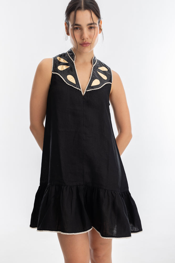 Vestido Far West en Lino - Negro con apliques metálicos