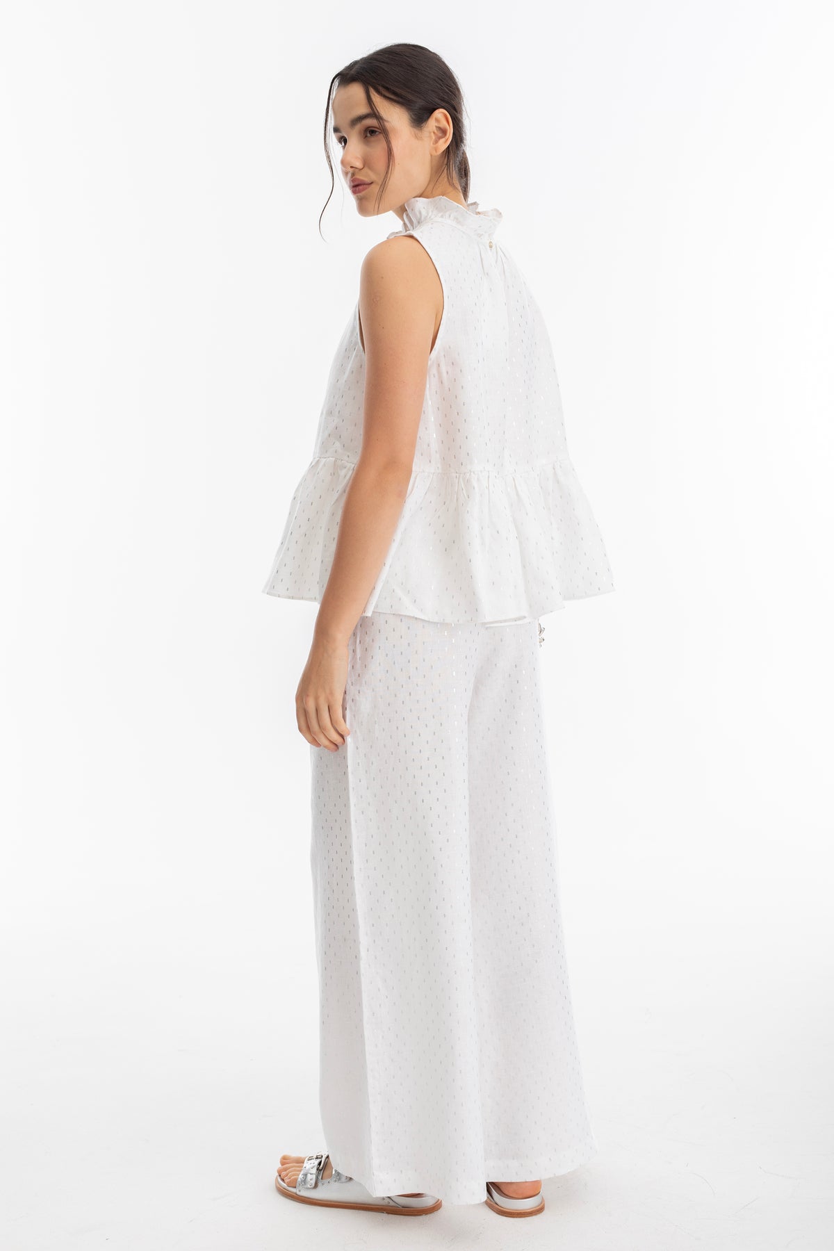 Pantalon Cape en Lino - Blanco con print silver blanco m