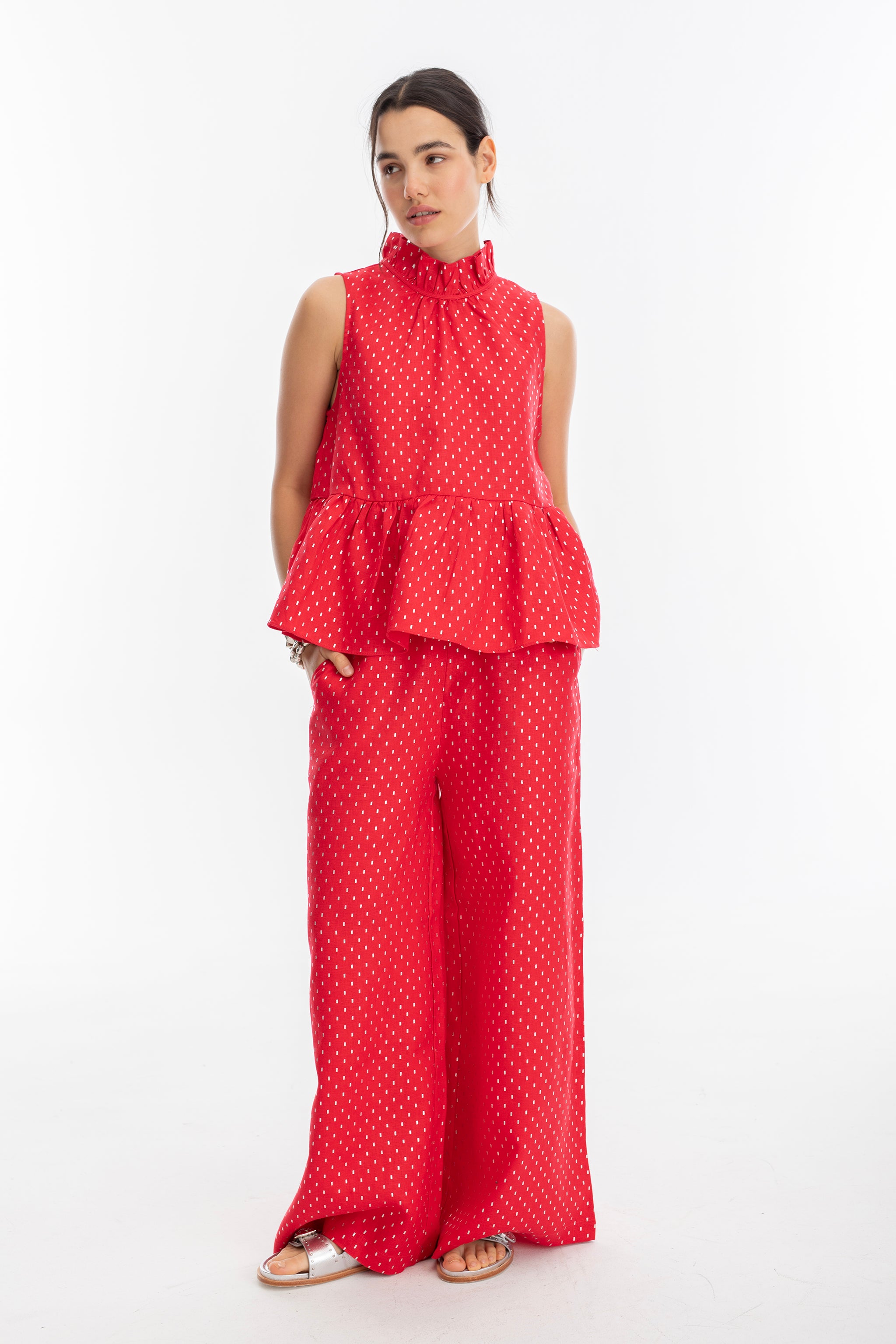 Pantalon Cape en Lino - Rojo con print silver rojo m