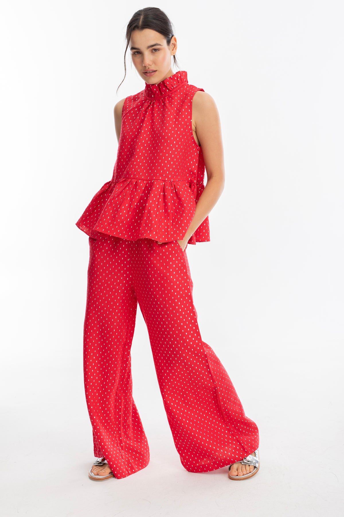 Pantalon Cape en Lino - Rojo con print silver rojo m