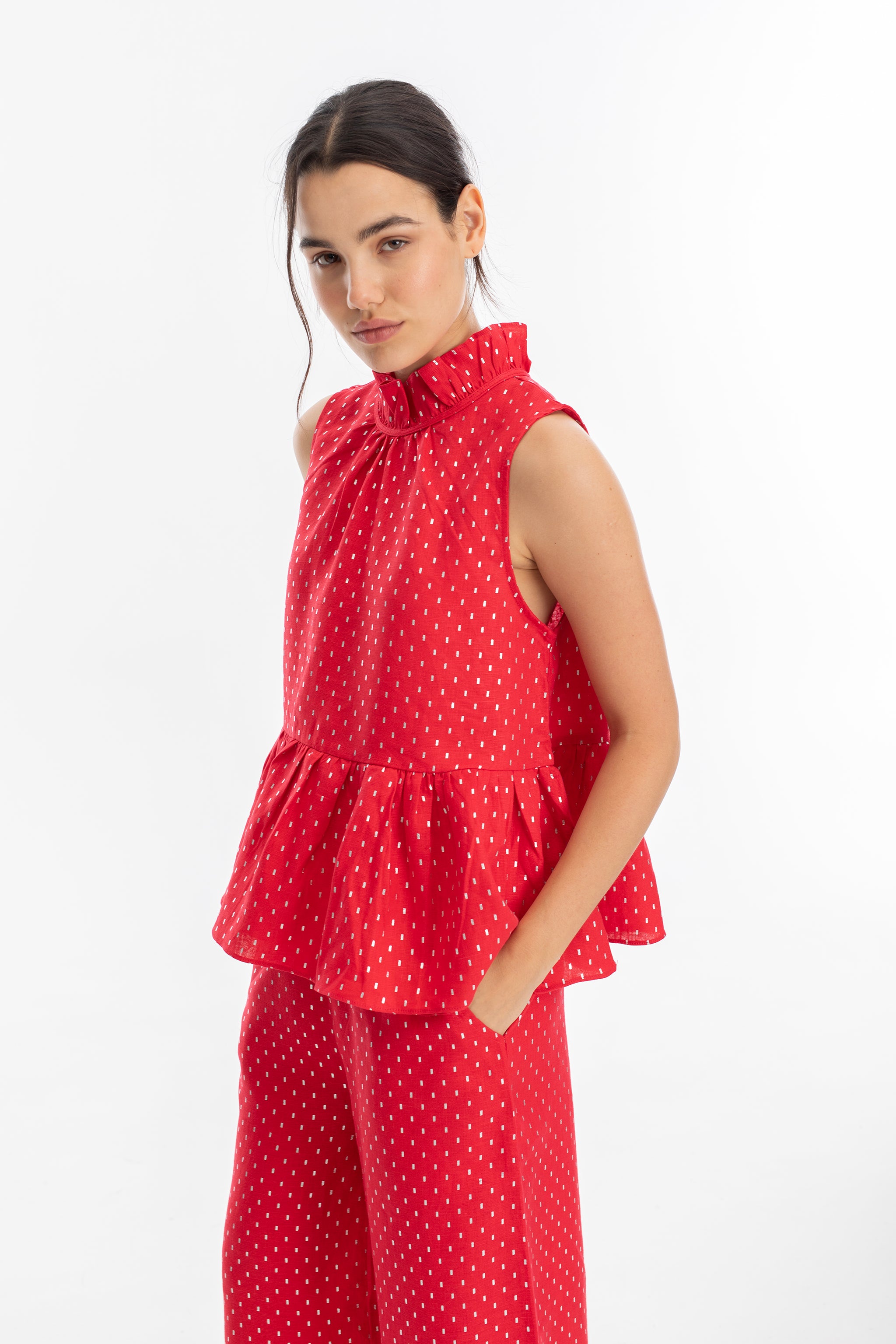 Top Daisy en Lino - Rojo con Print Silver rojo l