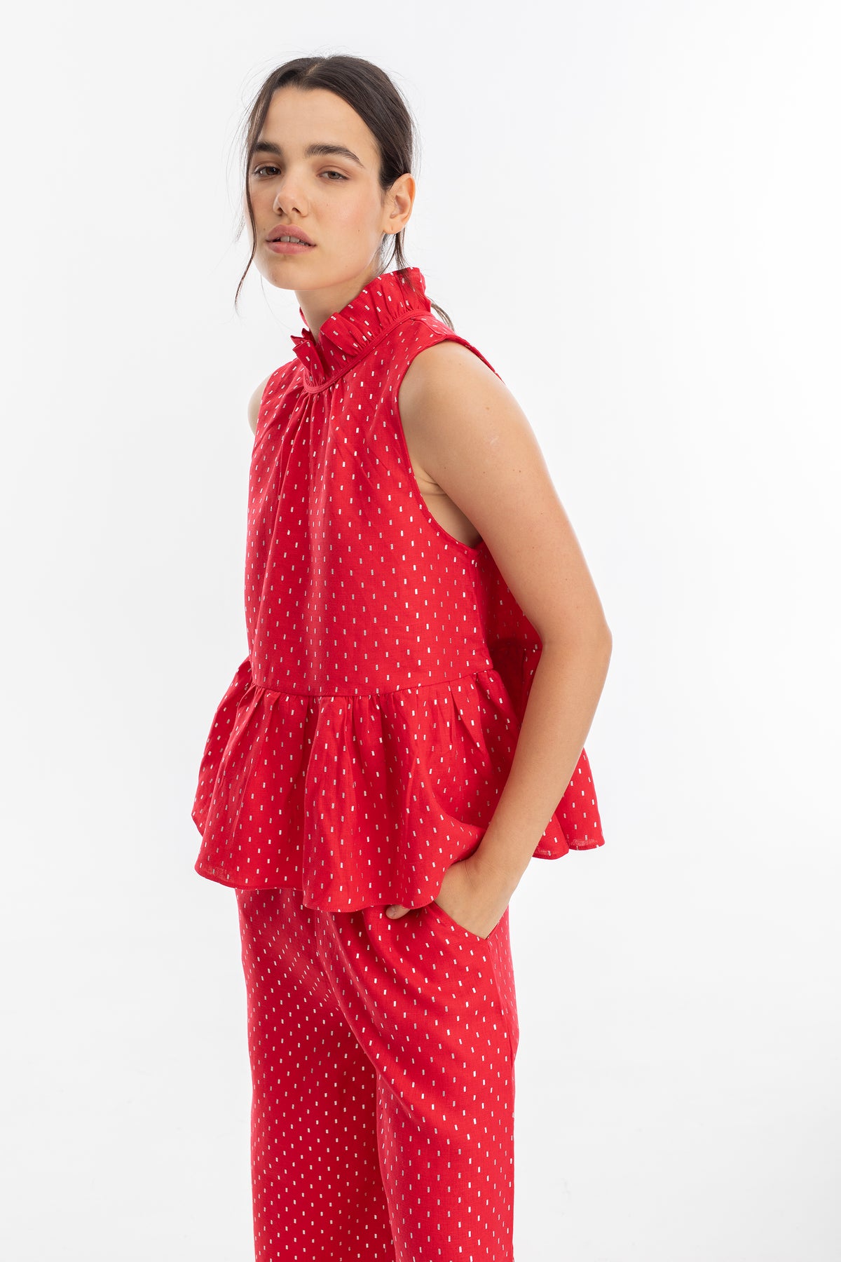 Top Daisy en Lino - Rojo con Print Silver rojo l