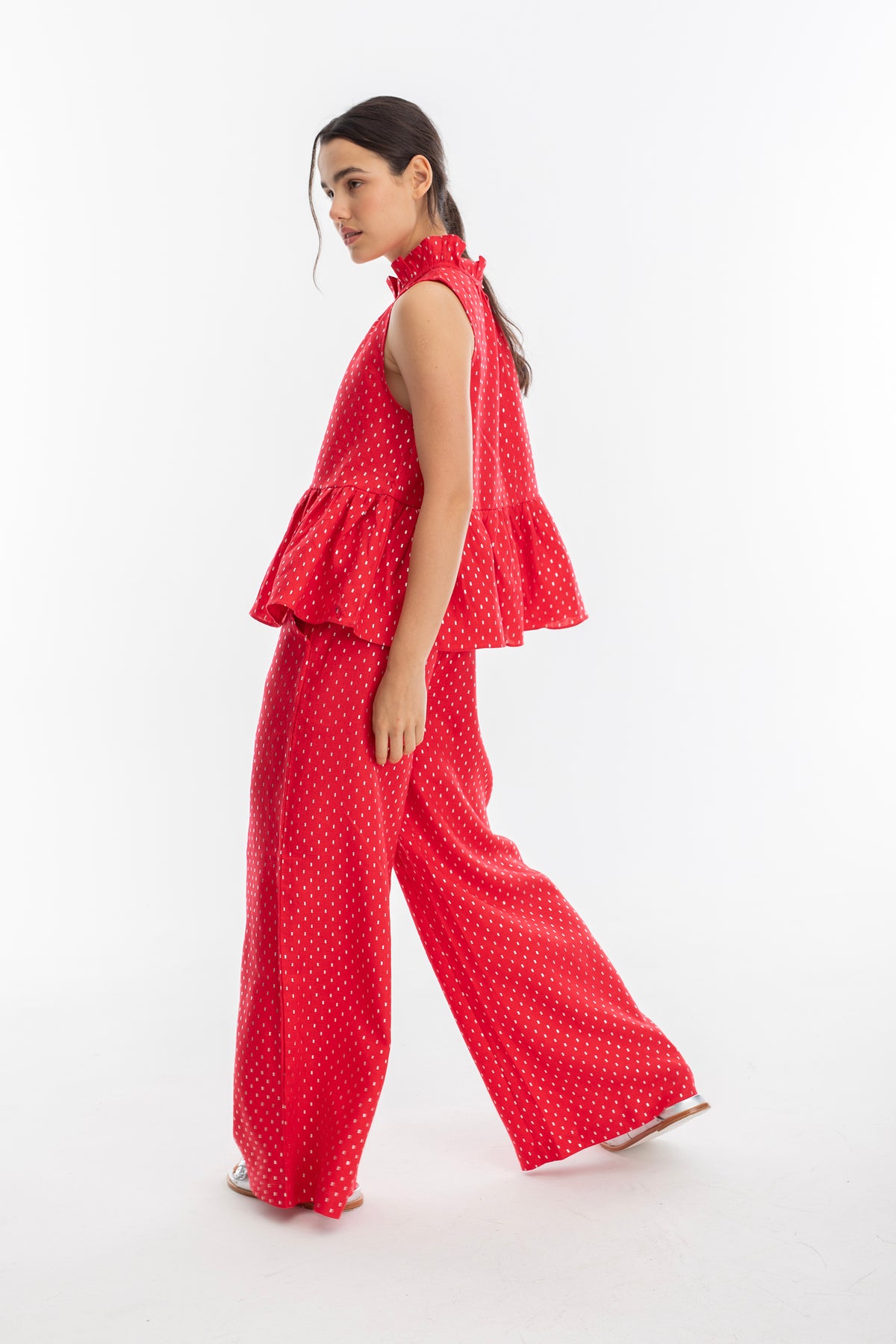 Pantalon Cape en Lino - Rojo con print silver rojo m